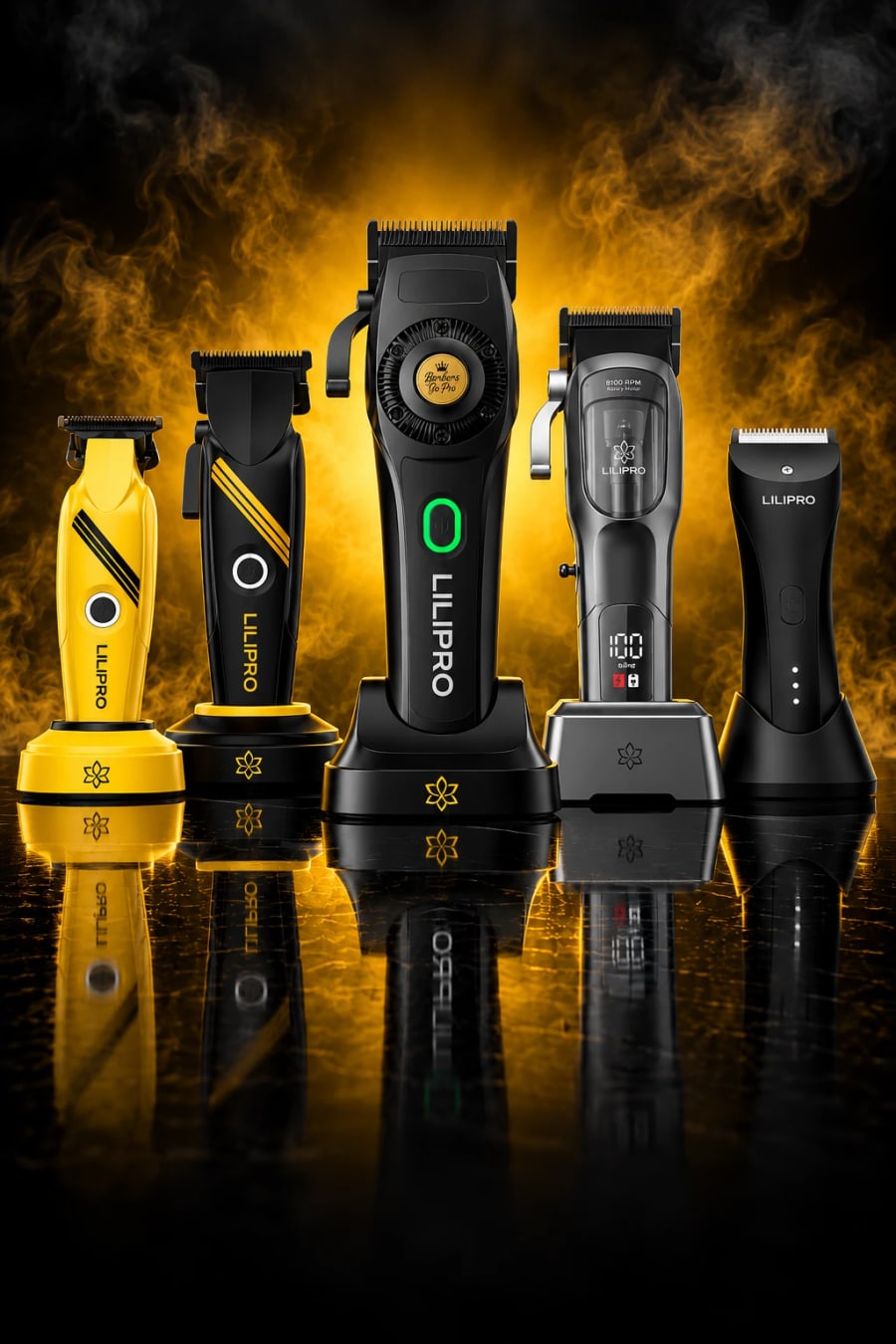 Línea completa LILIPRO 2026: trimmer M4, clipper L4, clipper L61 con sistema de enfriamiento, clipper L28 de motor rotativo y afeitadora corporal B9, cada una en su base de carga